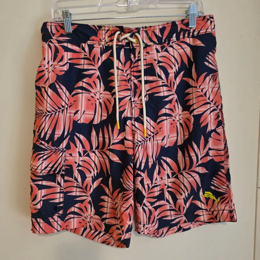 Tommy Bahama Mens Swim Trunks Size Medium Blue Coral Tropical Palm Leaf Cargo